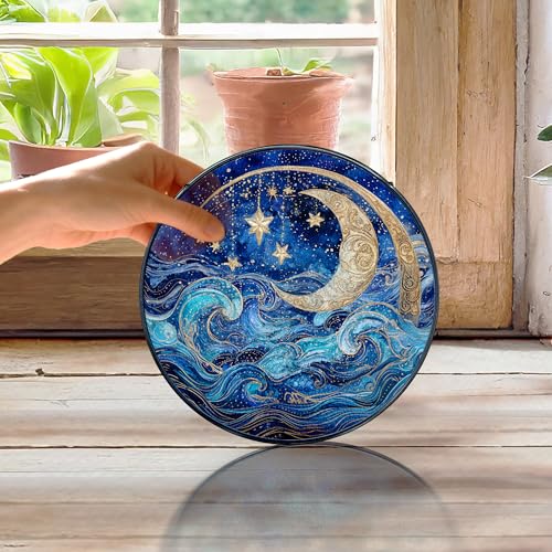 Moon and Star Stained Glass Window Hanging - Blue Celestial Sun Catcher, 7.9in