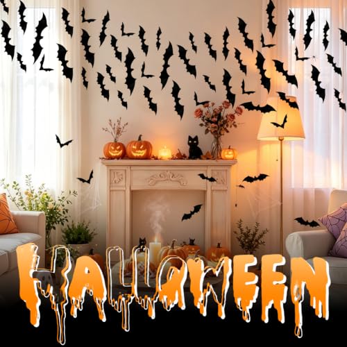 Halloween 3D Bat Wall Decor Set - 140 PVC Flying Bat Cutouts for Haunted House & Party