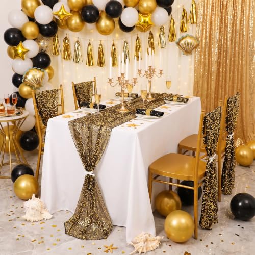 Black Gold Sequin Table Runner 120 Inch 10ft Set of 2 for Party & Event Decoration