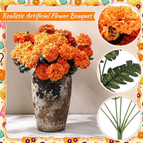 Artificial Fall Marigold Flowers 13 Inch - Orange, 6 Pack for Halloween & Decor