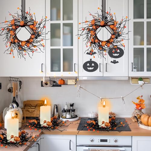 Halloween Candle Rings Set - 4 Tapered Fall Berry Pumpkin Wreaths with Variation 4