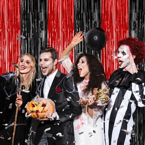 Halloween Foil Curtain Streamers - Black and Red Party Decorations, 4 Pack