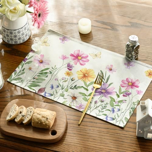 Rectangular Floral Butterfly Placemats Set of 4 - 12x18 Inches Beige Summer Decor