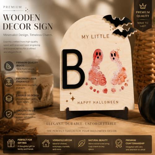 First Halloween Footprint Keepsake Sign - Baby Boo Wooden Decor - Wood Brown