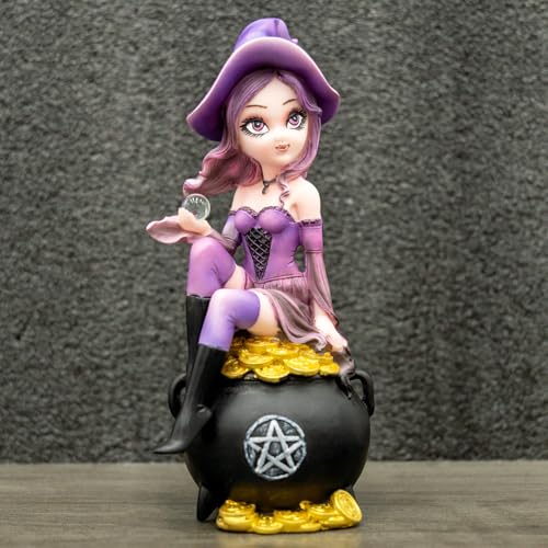 Purple Witch Resin Statue on Cauldron with Crystal Ball & Gold Coins - Whimsical Gothic Decor - Variation of THIS listing