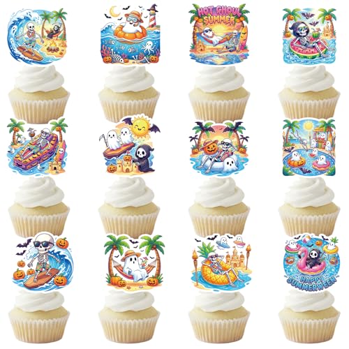 Summer Ween Cupcake Toppers 48PCS Halloween Party Decorations with Surfing Skeletons