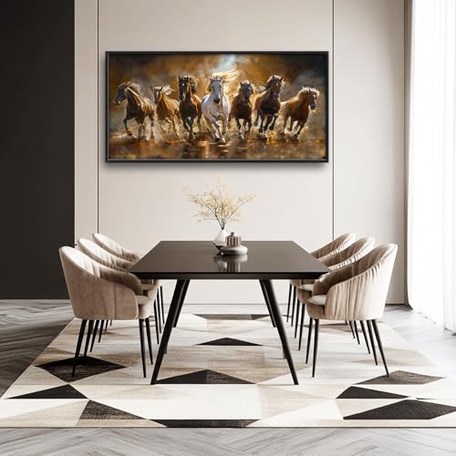Horse Wall Art Lucky 7 Seven Running Horses Canvas Print Framed Decor - 60x30 Variation of 7 Horses-2
