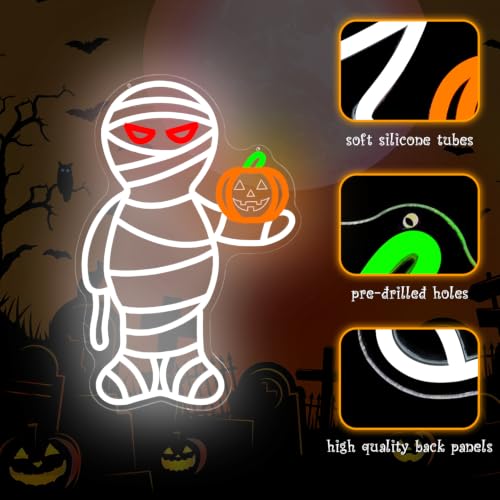 Halloween Neon Sign - Mummy and Pumpkin Wall Decor, Dimmable LED USB Light