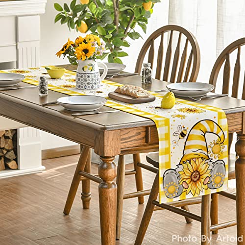 Yellow Buffalo Plaid Sunflower Gnome Table Runner 13x72 Inch for Kitchen & Dining