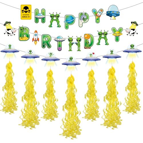 Alien Birthday Party Banner with Hanging Swirls - Space Themed Decorations