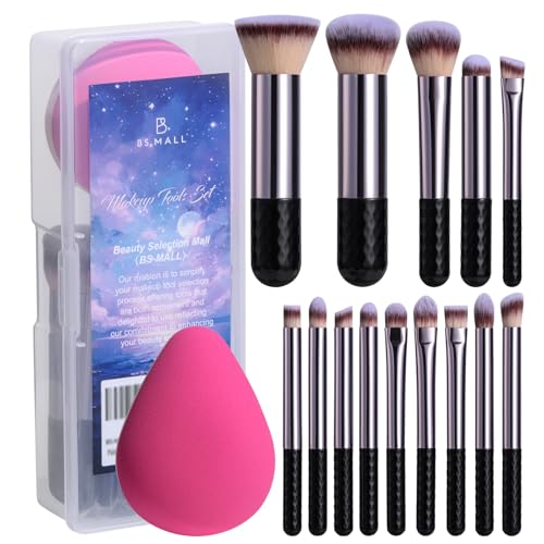 BS-MALL 14 Pcs Premium Synthetic Makeup Brushes Set & Dual-sided Blending Sponge - Professional Face & Eye Tools for Foundation, Powder & Concealer Application (Purple)