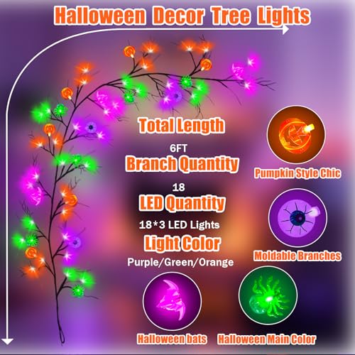 6Ft Halloween LED Willow Twig Garland with Remote Control - Bats, Ghosts, Pumpkins & Eyeballs, 8 Modes Indoor Outdoor Decor