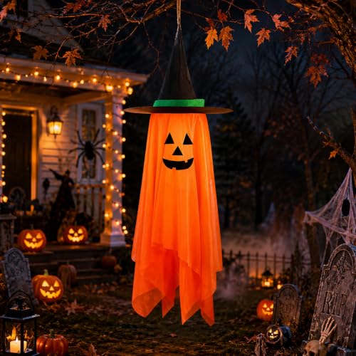 Halloween Ghost Hanging Decor - Foldable Cloth Witch Hat with Lanyards, 39.4 Inch, Reusable for Tree Porch Yard Ceiling Wall