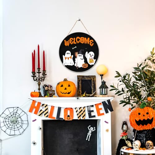 Halloween Front Door Sign - Welcome & Happy Halloween Wooden Decor