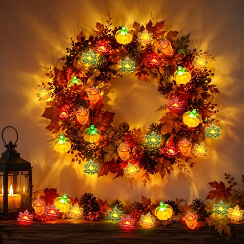 Fall Decor String Lights 10FT 40 LED Acorn Maple Leaves Pumpkin Lights - Yellow, Orange, Green