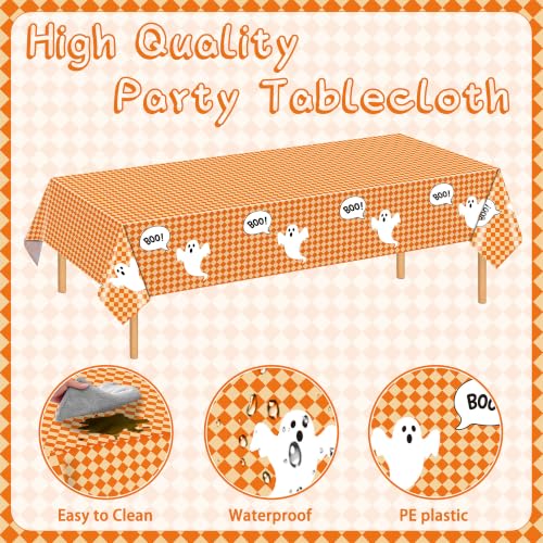 Halloween Ghost Tablecloth Set - 3 Pack Orange Checkered Disposable Decor