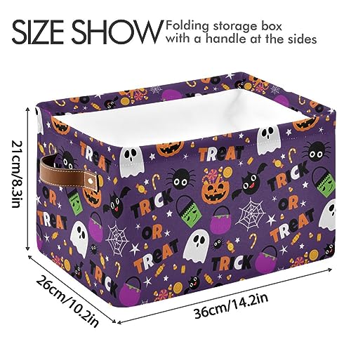 Purple Halloween Storage Basket 16x12x8 Inches Fabric Pumpkin Skull Ghost Trick or Treat Open Home Organizer - Foldable