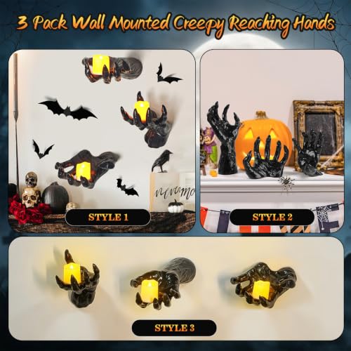 Halloween Wall Decor Set of 3 Creepy Gothic Reaching Hands with Candles