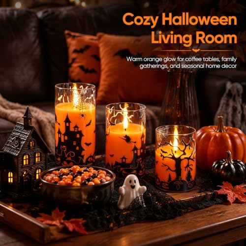 Homemory Halloween Flameless Candles Set of 3 - Orange Glass Shell Halloween Decor with Remote & Timer