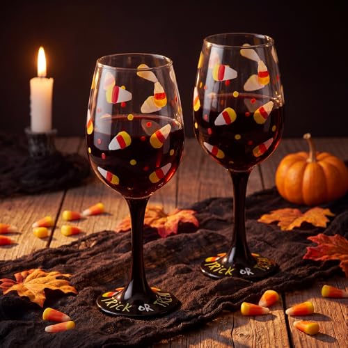 Halloween Candy Corn Stemmed Wine Glasses Set - 2 Pcs, Hand Painted, Festive Drinkware
