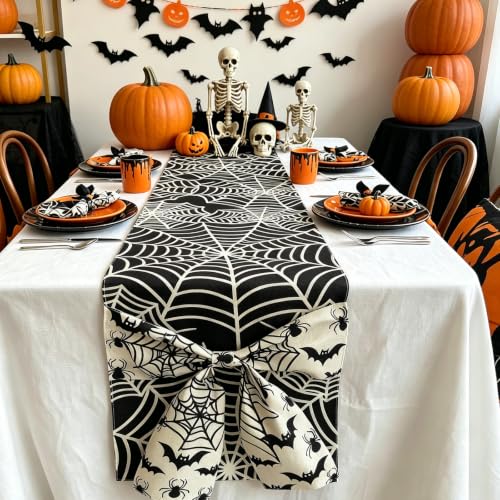 Halloween Spider Web Table Runner with Bow - Design 9, 13x72 Inch, Holiday Decor