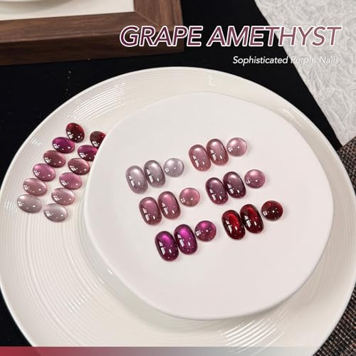 GAOY Purple Red Cat Eye Gel Nail Polish Kit with Magnet - Grape Amethyst, 6 Colors