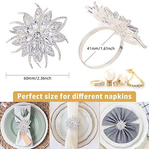 Flower Lotus Napkin Rings Set of 12 - Silver Elegant Rhinestone Decor for Weddings & Holidays