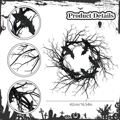 Halloween Black Branch Wreath with Bats - Handmade Seasonal Wall Decor