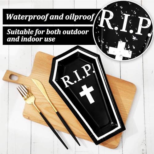 Halloween Coffin-Shaped Paper Plates - 24 Pack, Black & White Disposable Dinnerware, 9.8 x 5.9 in - Normal