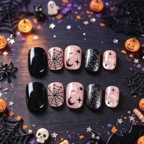 Halloween Short Square Press On Nails Set - Cute Black Fake Nails with Ghosts & Spider Webs, 24Pcs