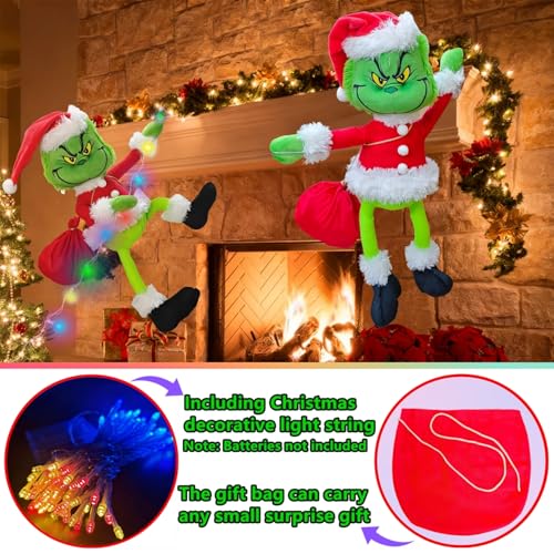 Light Up Christmas Green Monster Decorations - 23.6in Poseable Plush Doll for Indoor & Outdoor Holiday Decor