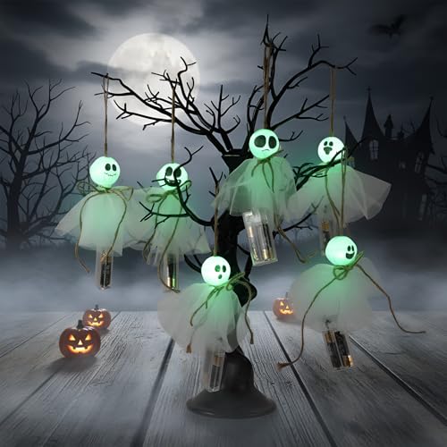Halloween Hanging Ghost Decorations with LED Light - Green Light, 6 Pcs Indoor Outdoor