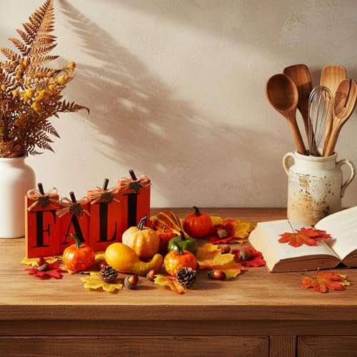 Fall Pumpkin Harvest Decor Set with 50 Artificial Gourds & 4 Wooden Signs