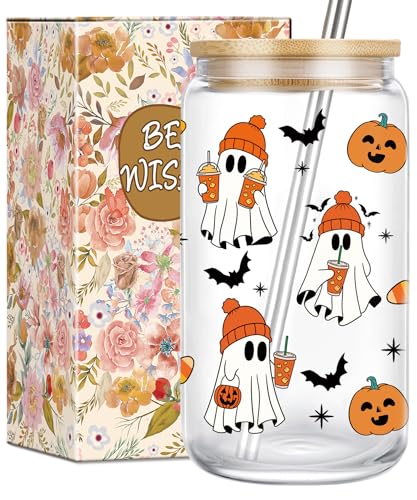 Halloween Ghost Glass Mug - 16 oz Spooky Coffee Cup with Lids & Straws