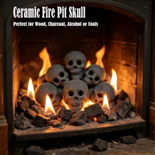 8 Piece Ceramic Skull Fire Pit Decor - Reusable Halloween Skeleton Head Set - Black Variation