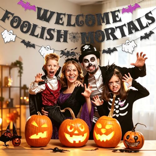 Halloween Party Banner - Welcome Foolish Mortals Variation Banner with Ghosts & Bats