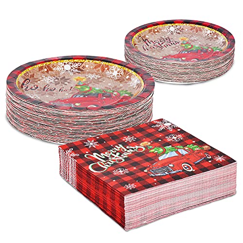 Christmas Disposable Paper Plates and Napkins Set - Pickup Truck & Tree Design - Serves 50