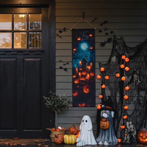 Halloween LED Canvas Backdrop - Graveyard Scene with Pumpkin & Pumpkin in Front of the Tombstone Variation