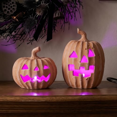 Orange Terracotta Jack-o’-Lantern LED Halloween Pumpkin Decor Set of 2