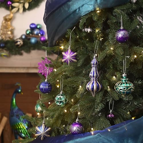 Peacock Blue Purple Green Shatterproof Christmas Tree Ornaments Set - 60pcs Holiday Decor