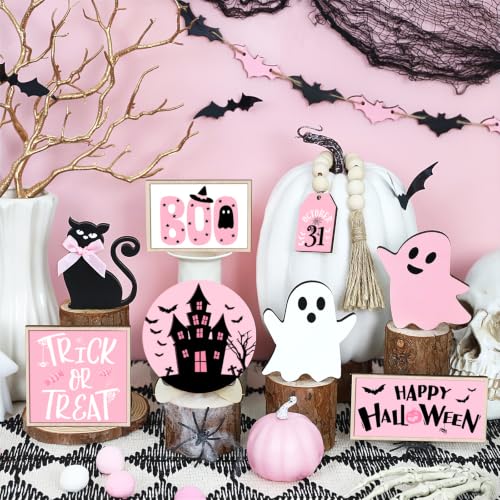 Pink Halloween Tiered Tray Decor Set - Indoor Wooden Signs with Ghost Bat Pumpkin Centerpieces