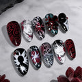 Gothic Press On Nails Set - Medium Almond Fake Nails with Gem Rhinestones - Black White Red Design - Variation Gothic-18