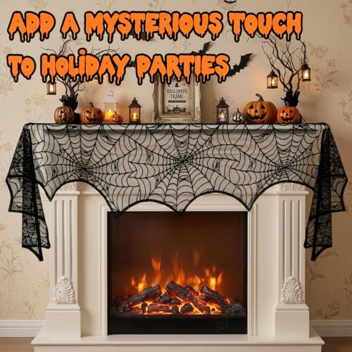 Halloween Black Lace Decorations Set with Bat Window Valance and Spiderweb Mantle Scarf