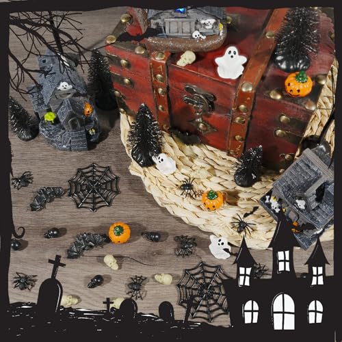Halloween Village Set with Miniature Houses, Pumpkins & Spiders - 51PCS