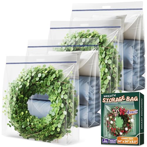 Extra Large Clear Wreath Storage Bag 34x34x8.5 Inches with Handle - Dustproof & Foldable