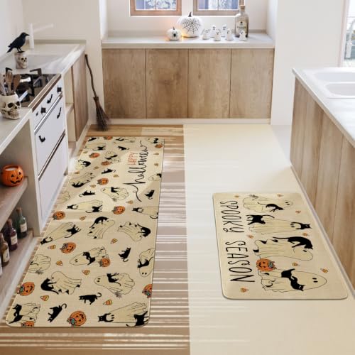 Ghost Black Cat Halloween Kitchen Rugs Set of 2 - Spooky Non-Slip Washable Mat