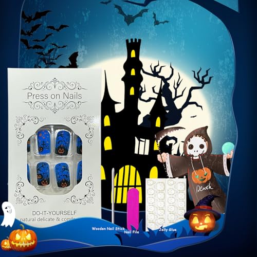 Halloween Press On Nails Medium Square Fake Nails with Pumpkin Design - Blue Matte - Variation of THIS listing