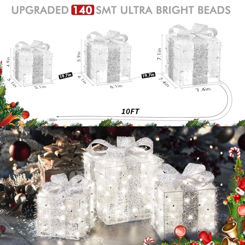 Christmas Lighted Gift Boxes Set of 3 - Silver, 140 LEDs, 8 Modes, Timer - Elegant Holiday Decor