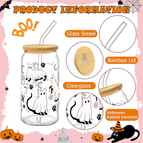 Halloween Glass Cups with Lids & Straws - Black Cat Design, 6 Pack, 16oz, Halloween Cats Variation