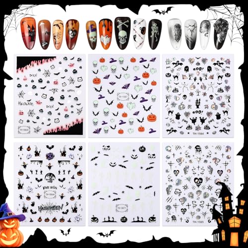 Halloween Nail Art Stickers Set - 6 Sheets with Pumpkins, Ghosts, Bats & Witches - Type1